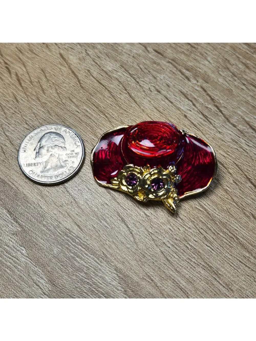 Red Enamel Hat Brooch with Rhinestone Flowers